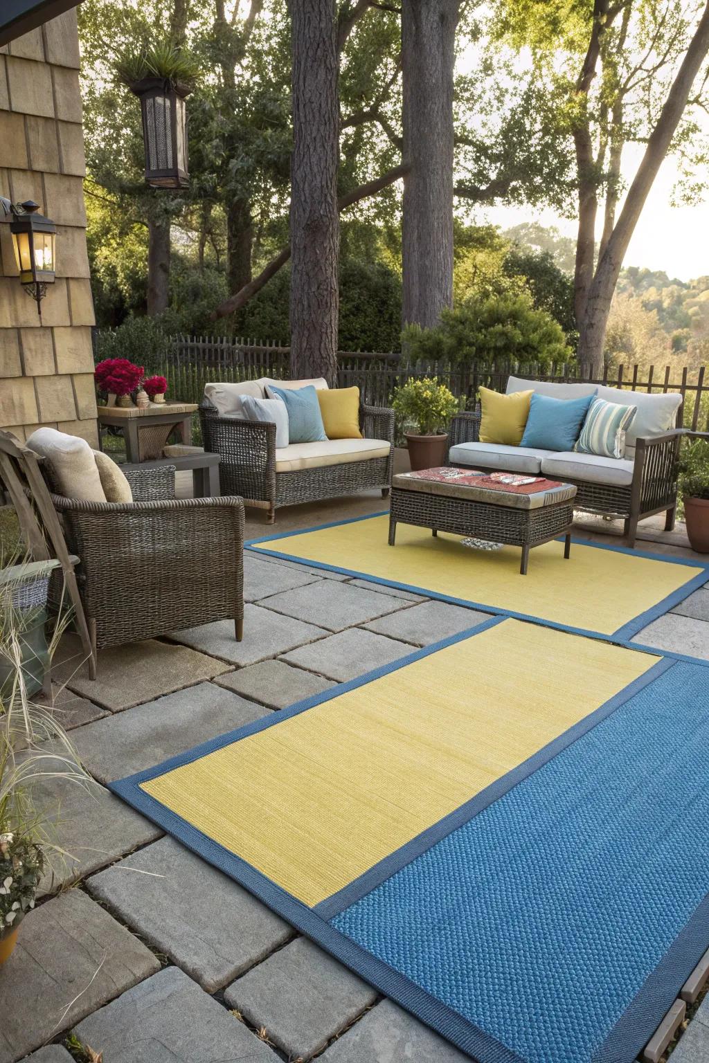 Outdoor rugs helping to organize and define patio spaces.