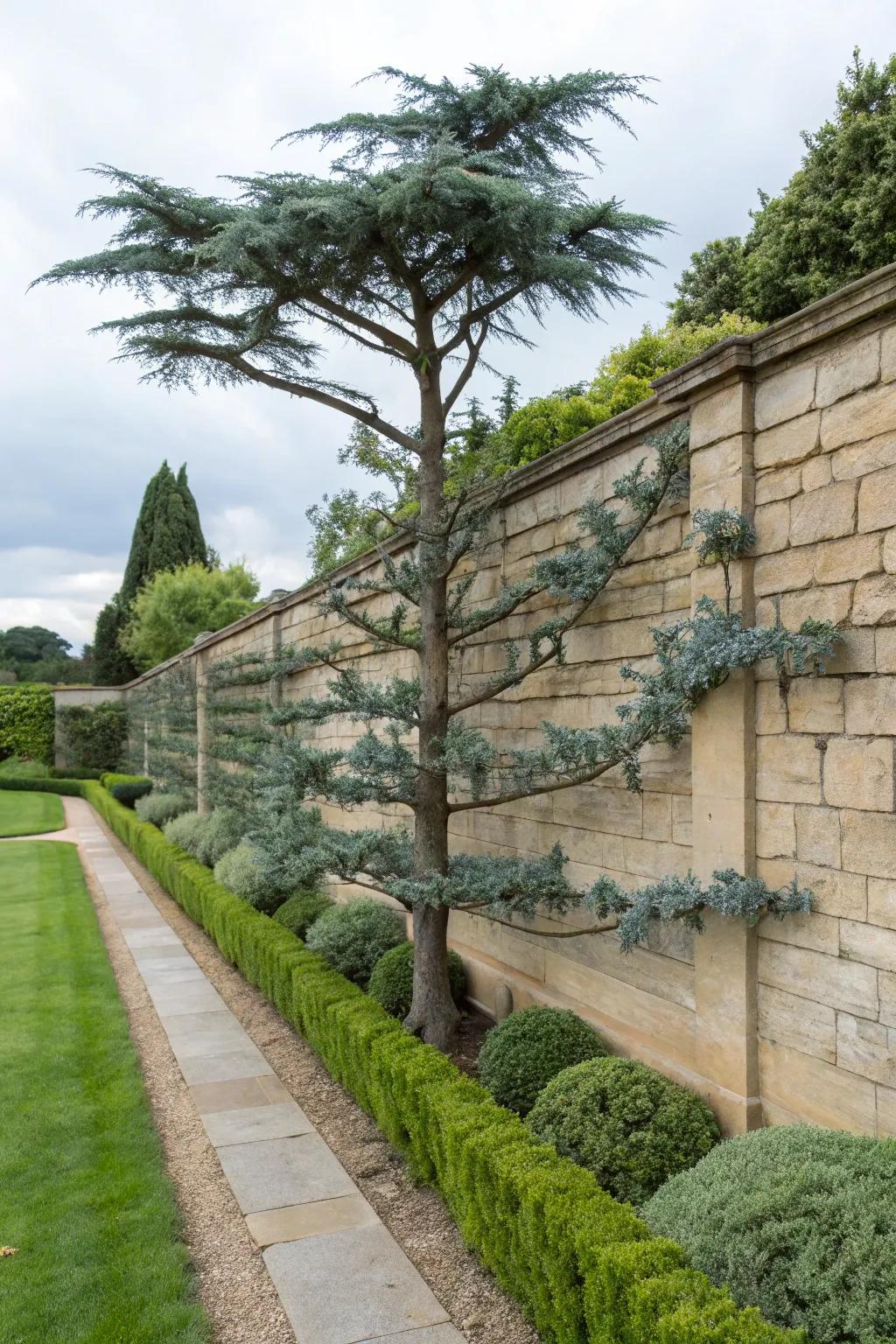 Add artistic flair with an espaliered Blue Atlas Cedar.