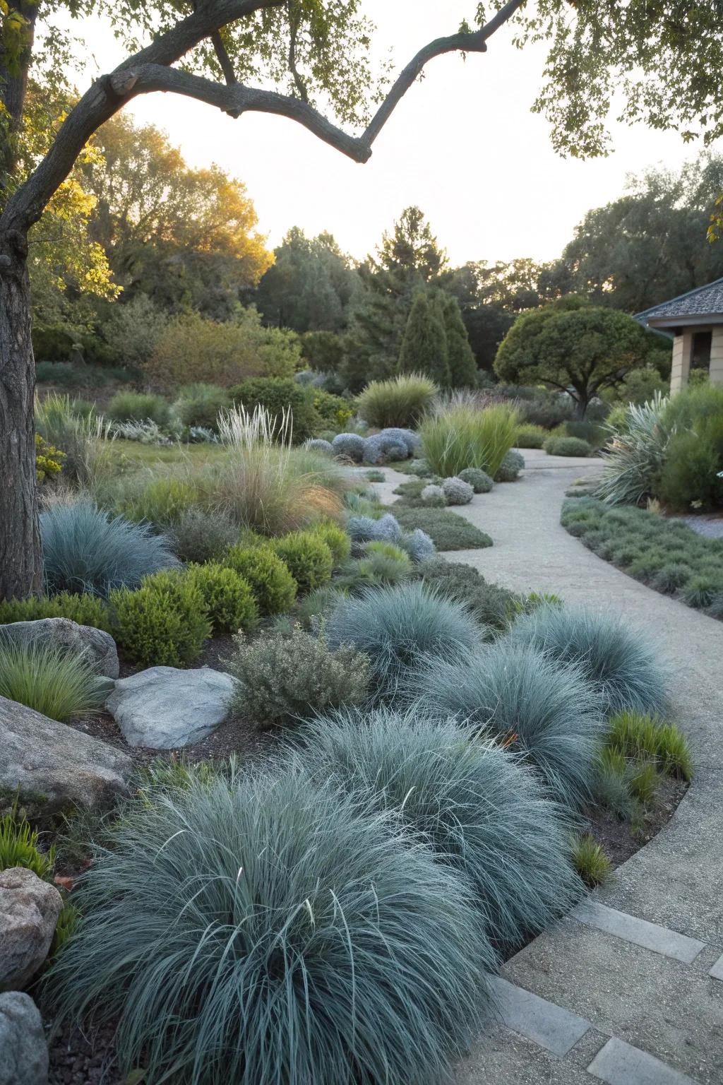 A serene monochromatic garden featuring calming blue fescue.