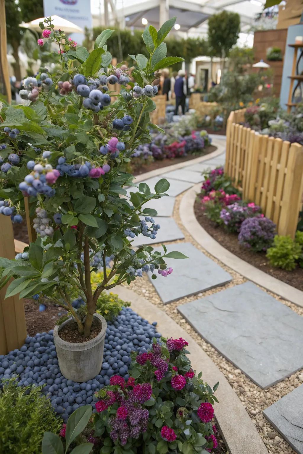 A creatively themed garden highlighted by blueberries.