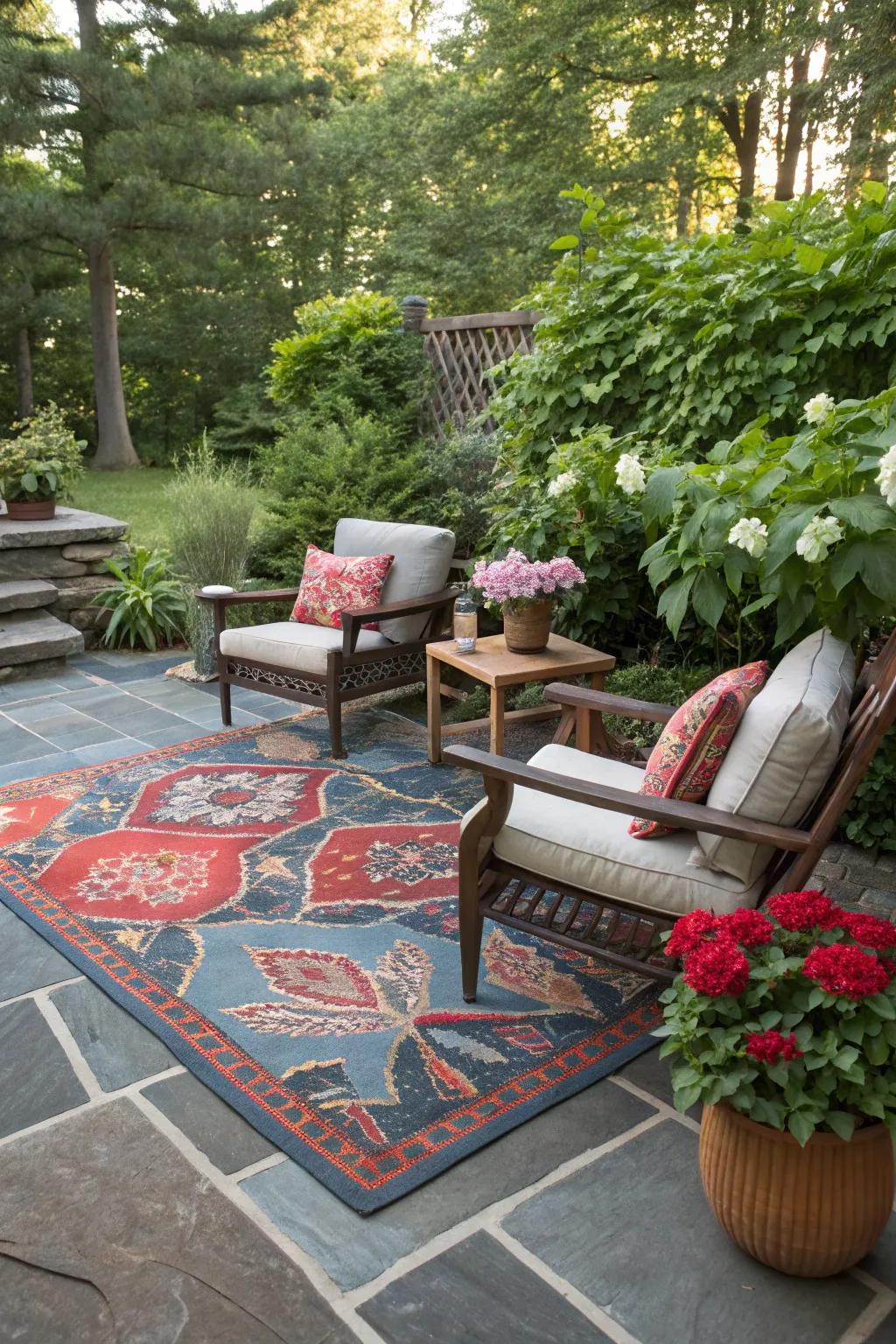 Add warmth and color with an outdoor rug on your patio.