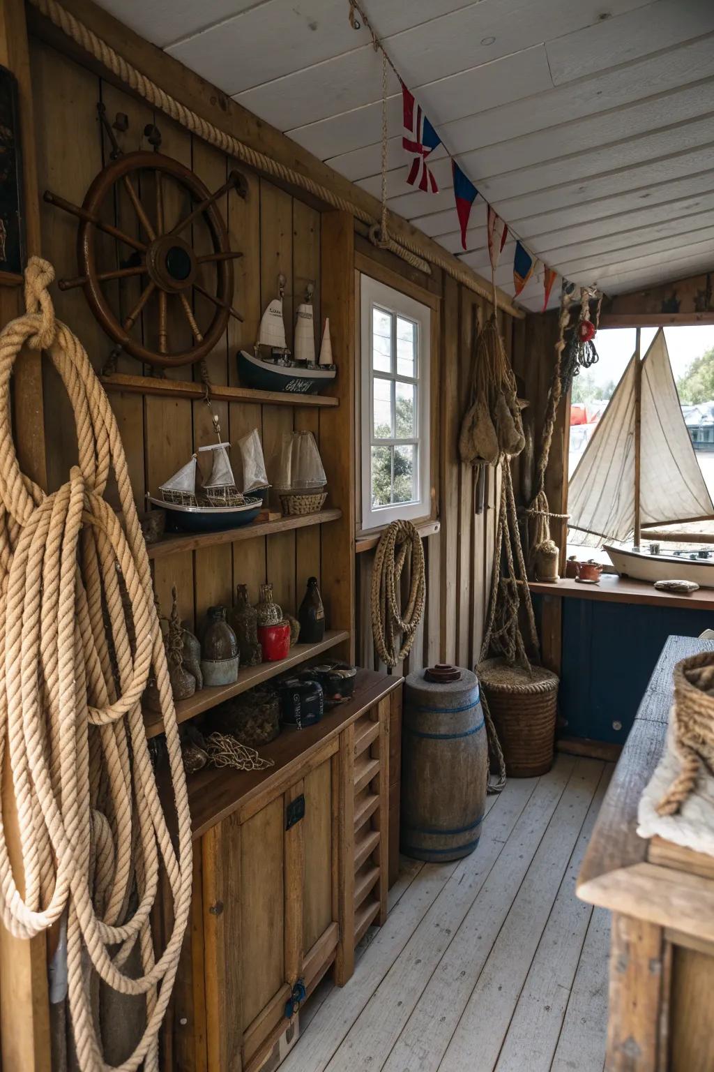 A boat house interior with charming nautical-themed decor.