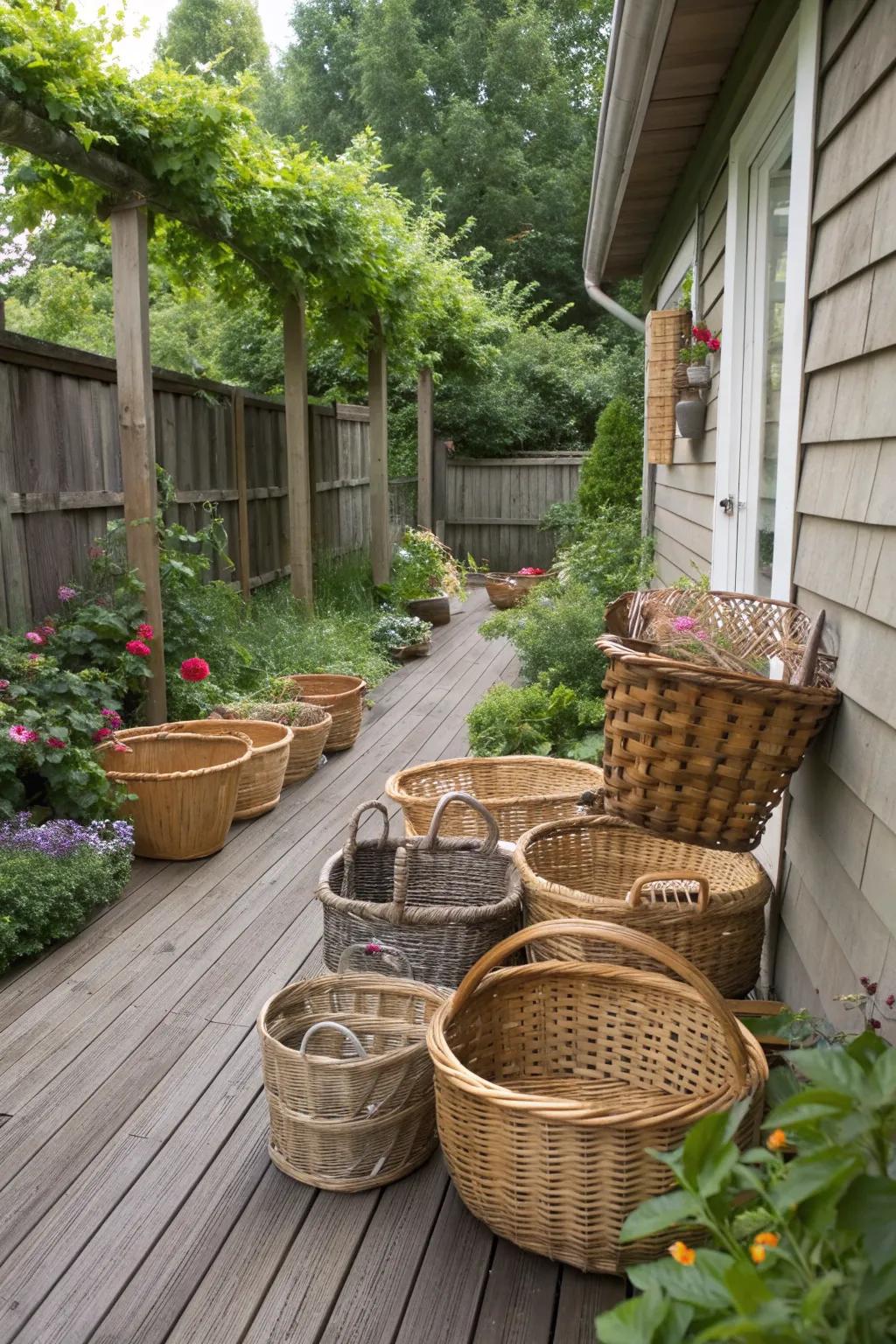 Woven baskets provide stylish and practical storage solutions.