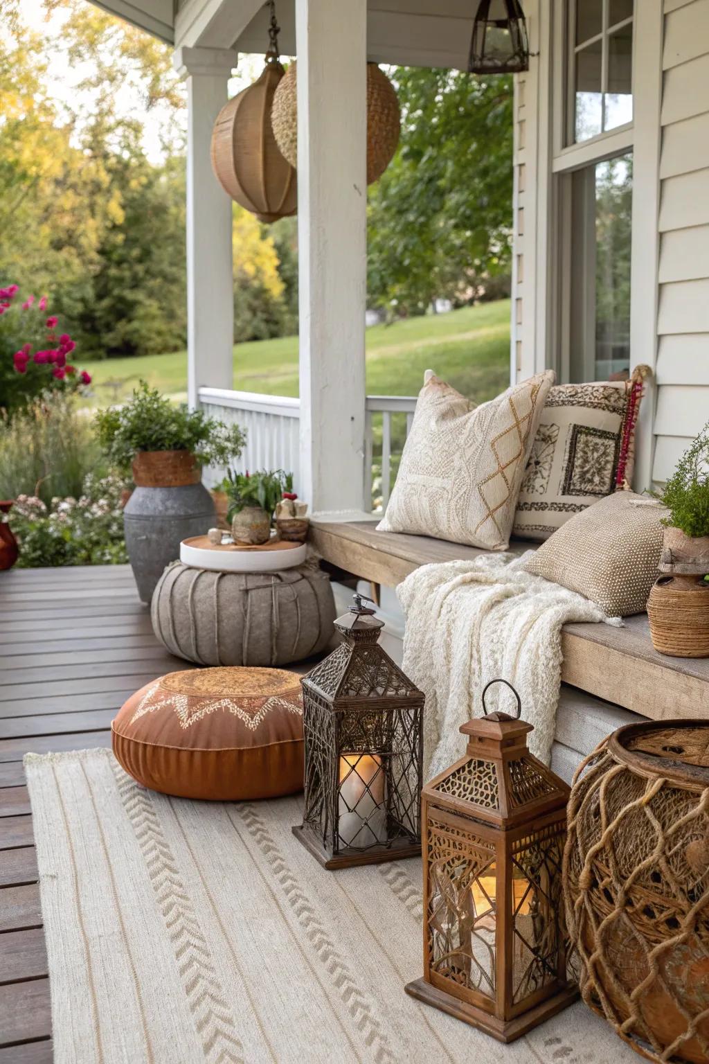A mix of textures creating depth and warmth on a Boho porch.