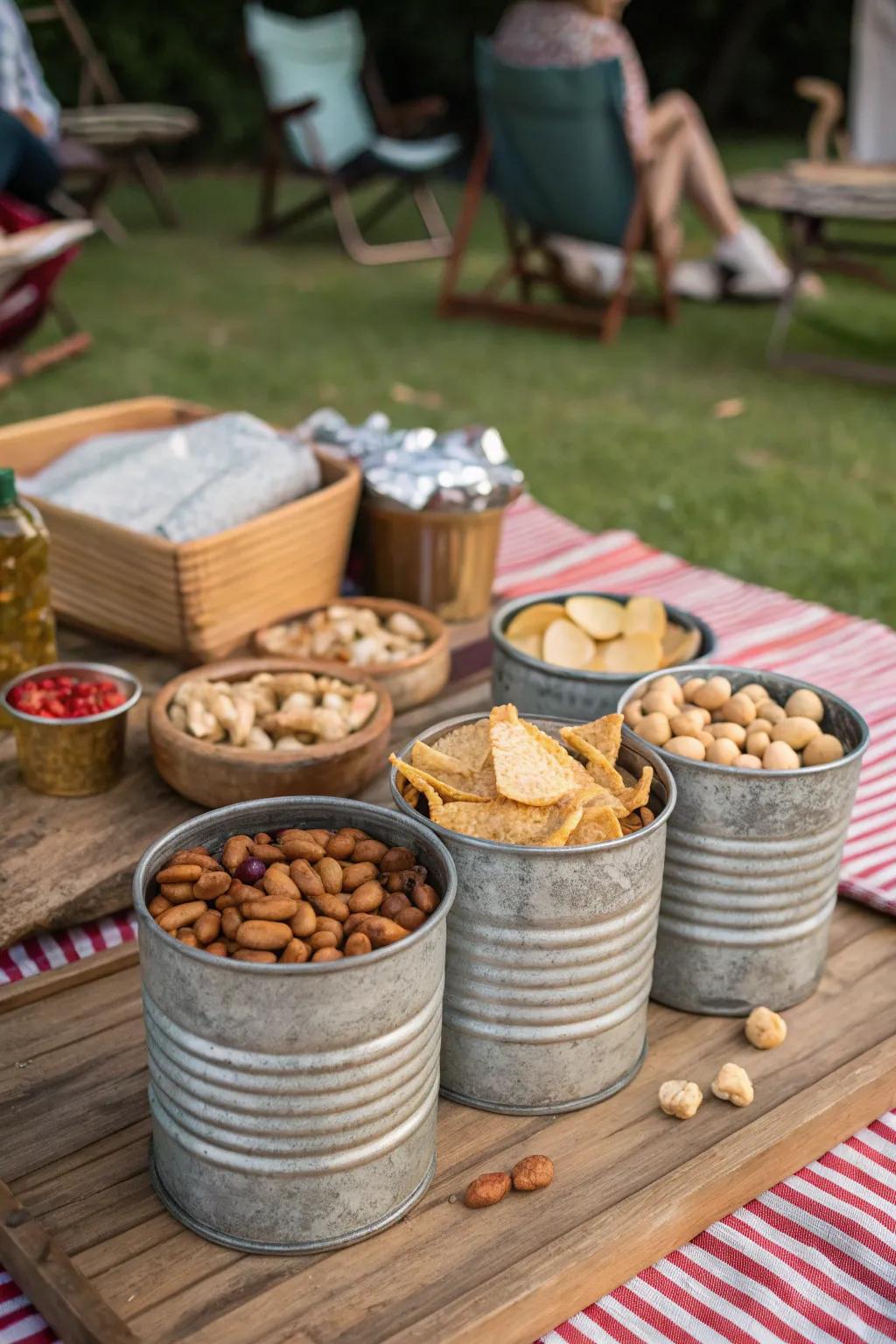 Rustic serving containers enhance the party’s theme.