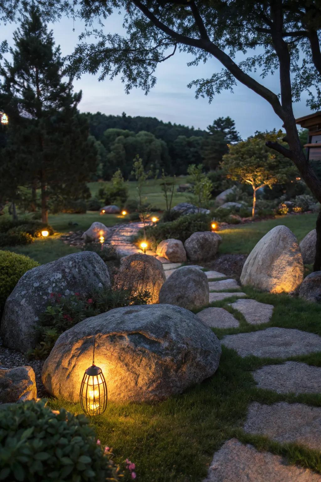 Create magic with hidden lighting around boulders.