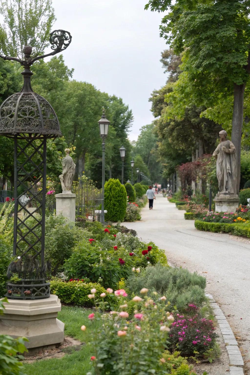 Sculptural elements add an artistic touch to the garden.