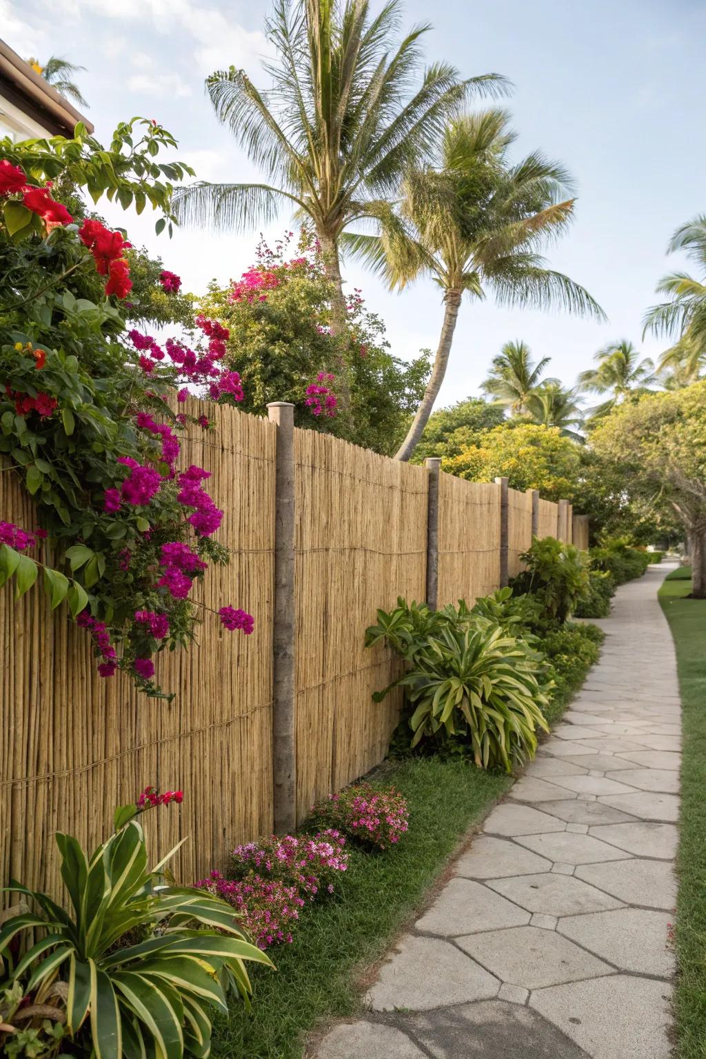 A tropical-inspired fence with woven reed panels.