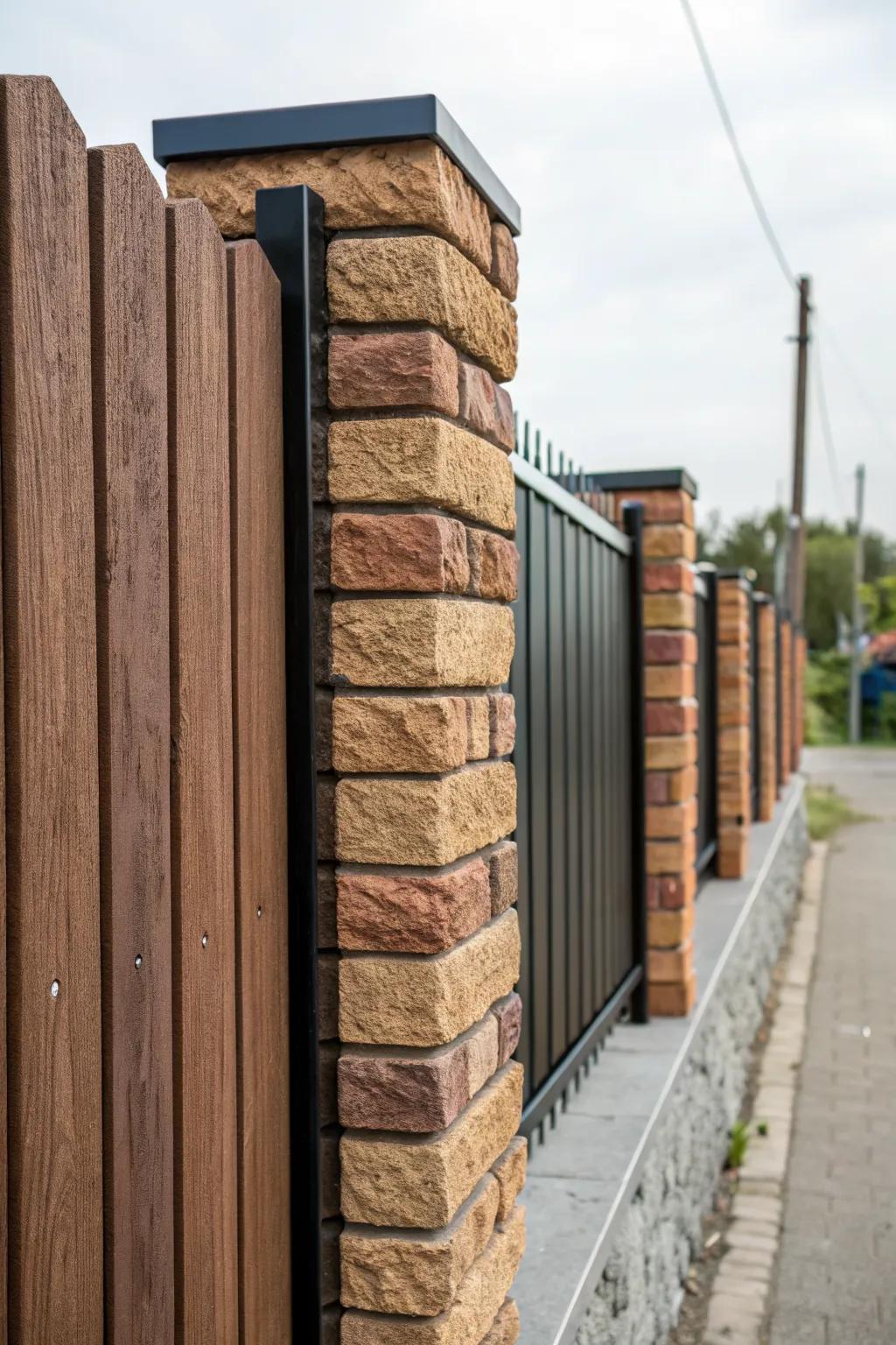 A fence design featuring textured brick and smooth wood