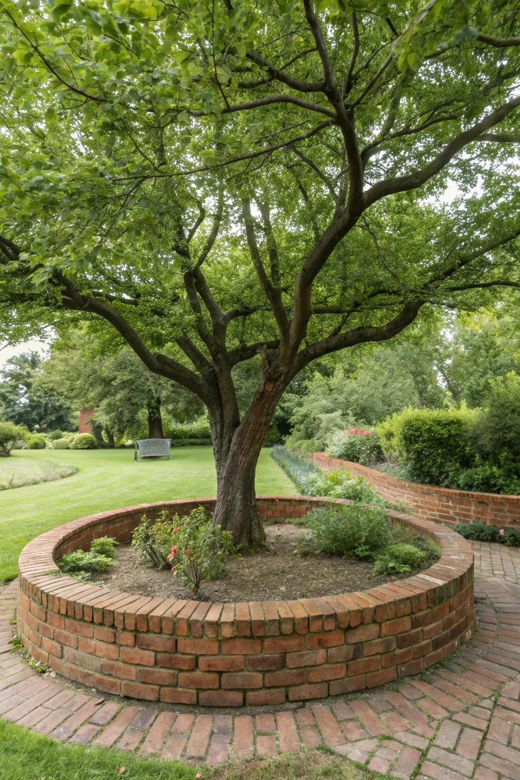 Brick edging enhances and protects tree bases.