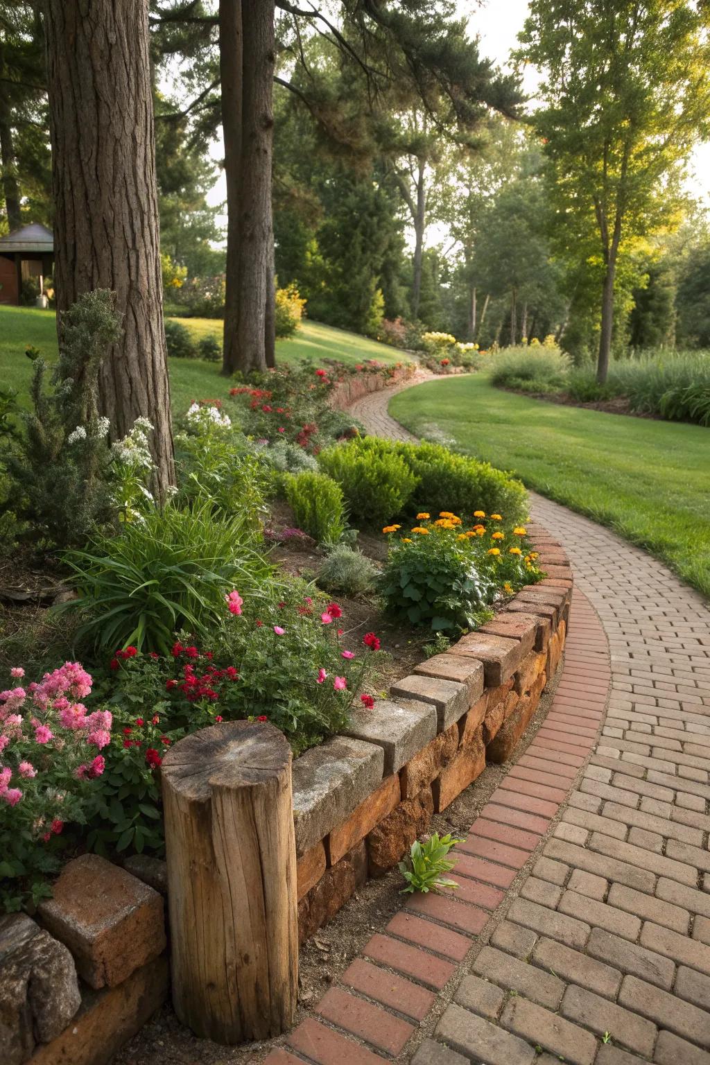 Brick and log borders add rustic charm.