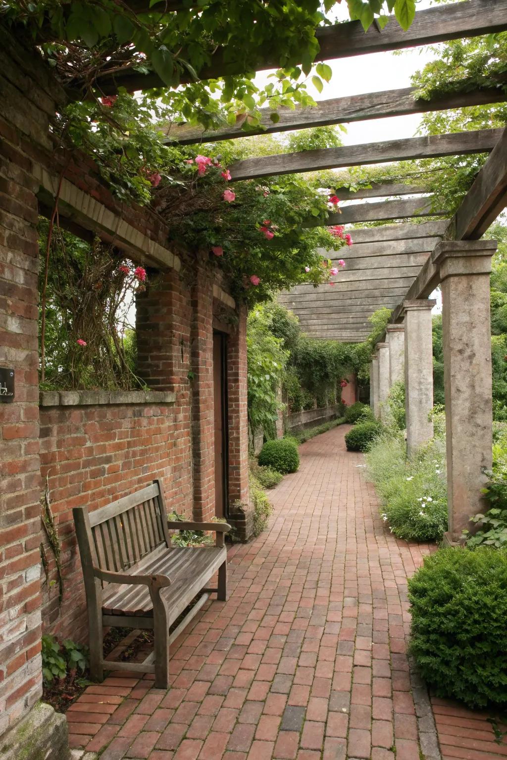A pergola provides shade and a framework for plants.