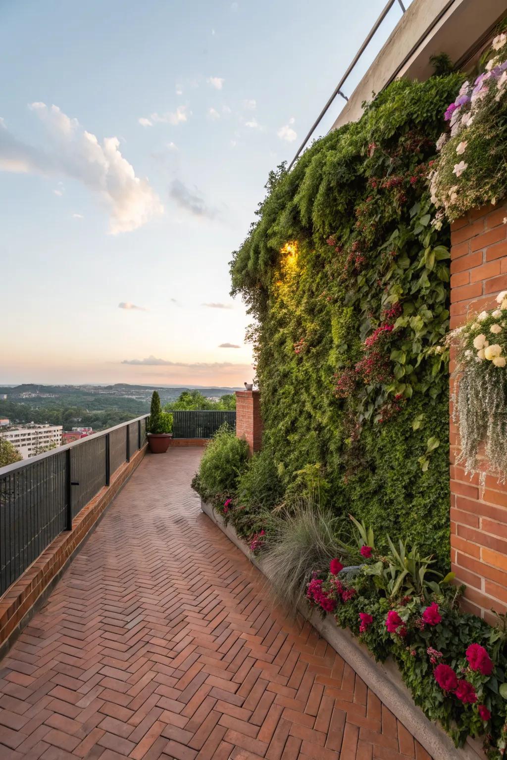 A vertical garden adds lush greenery to this compact brick deck.