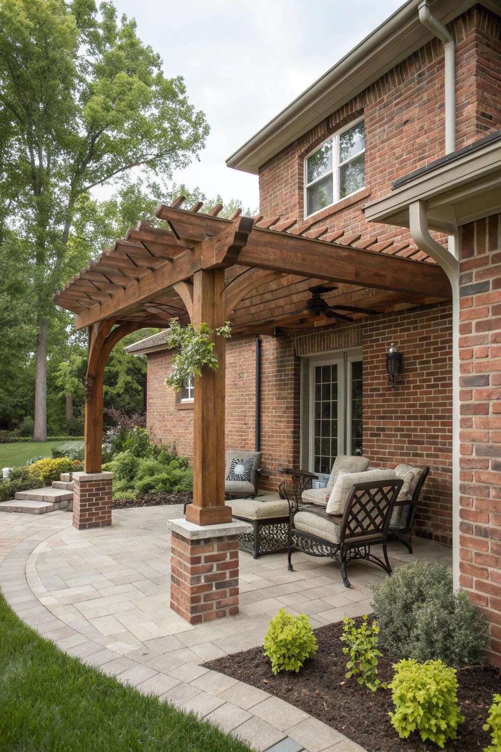 A brick pergola offers a charming retreat in your garden.
