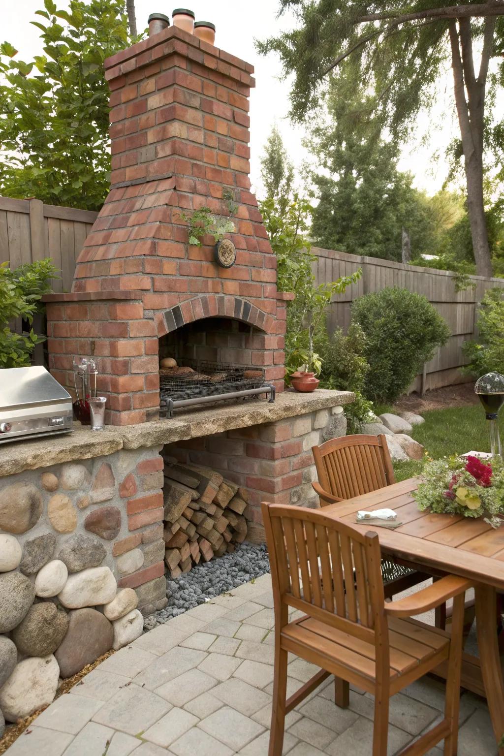 A fireplace with a grill insert adds cooking functionality.