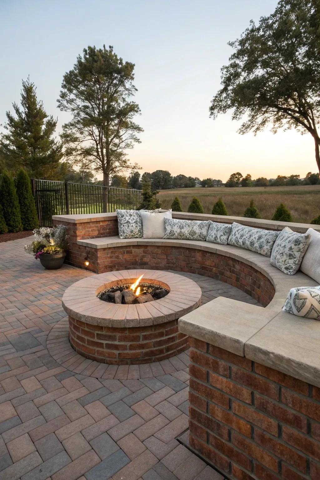 An elevated fire pit with a seating wall offers comfort and style.