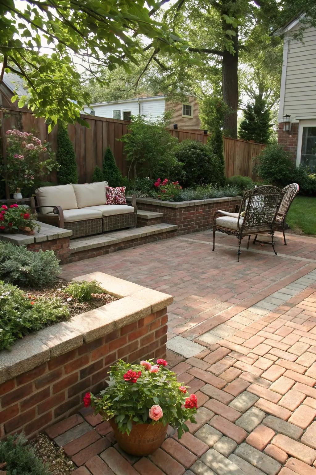 Escape to a secret sunken patio crafted with brick pavers.