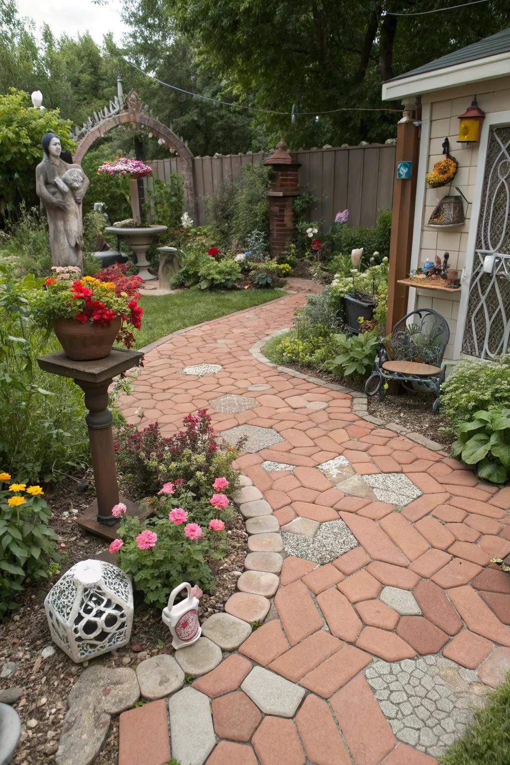A unique garden area showcasing an octagonal brick paver pattern.