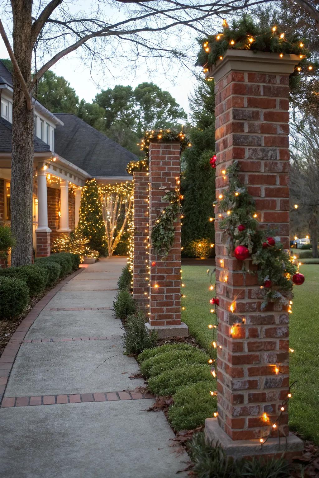 Brick pillars featuring seasonal decorations, adding year-round charm.