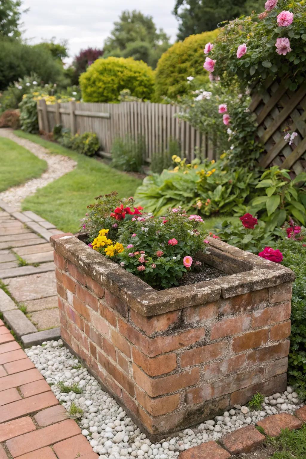 A rustic brick planter adding vintage charm to the garden.
