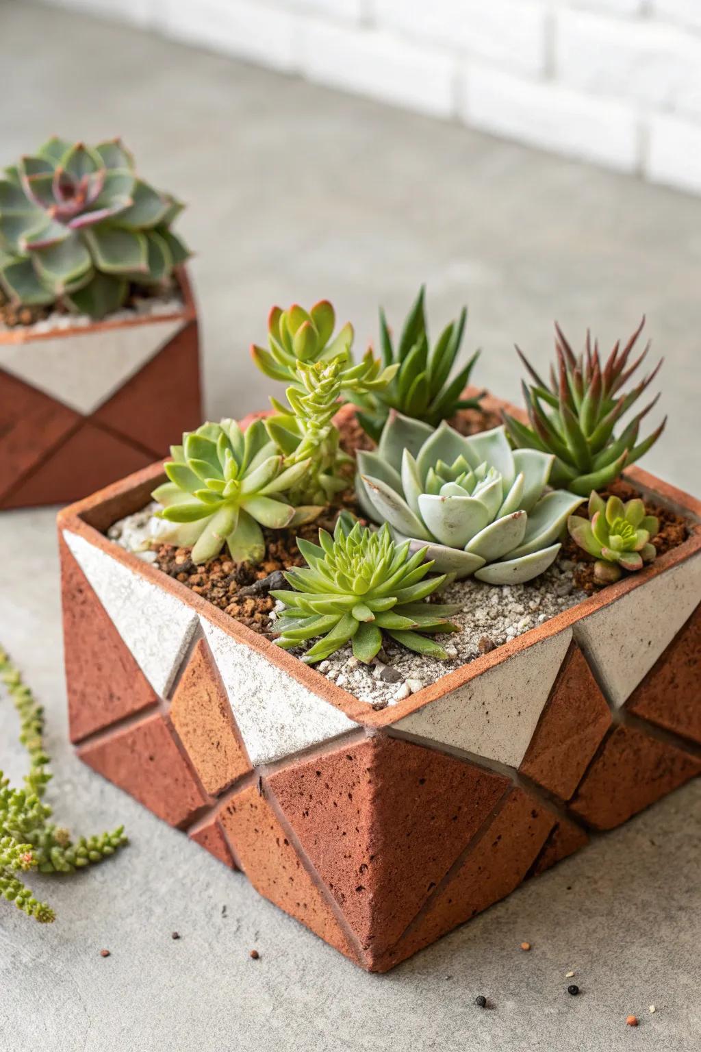 Modern flair with geometric brick shapes.
