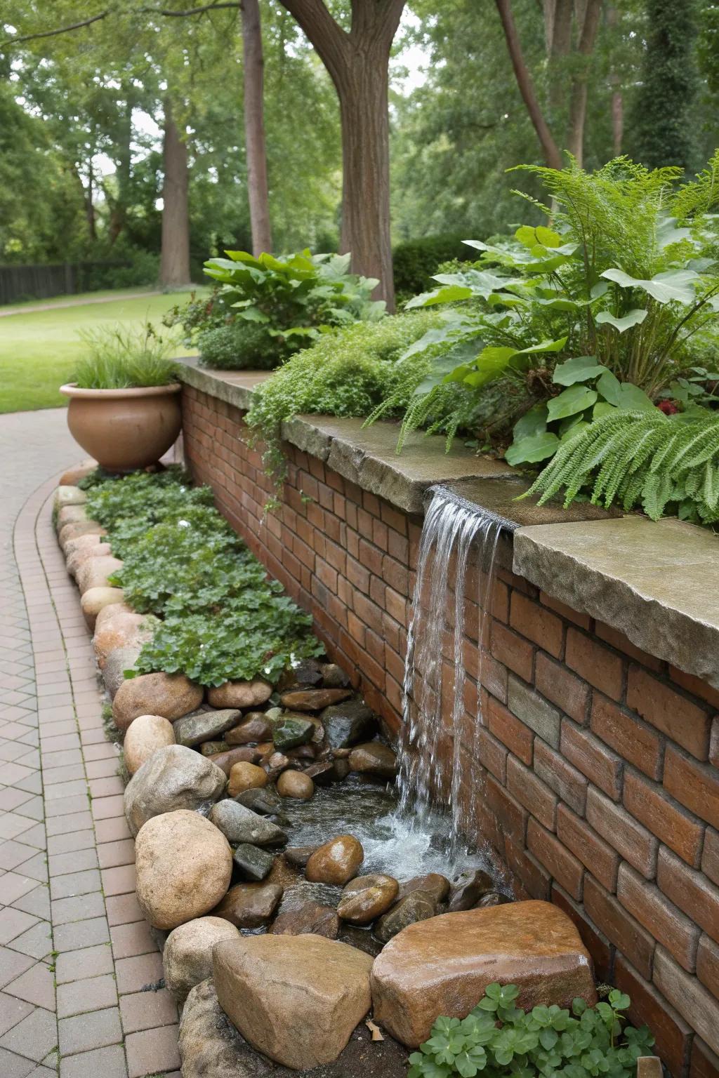 A brick planter wall with a calming water feature for a peaceful garden vibe.