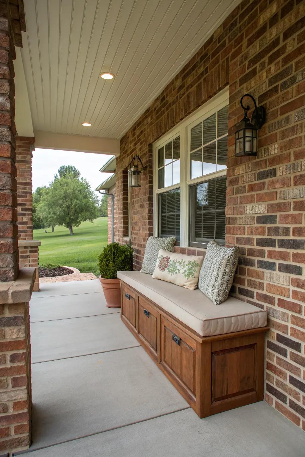 Hidden storage benches keep the porch neat and organized.