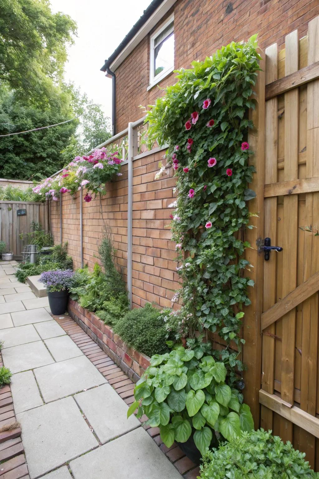 Combine nature and design with a vertical garden on your brick fence.