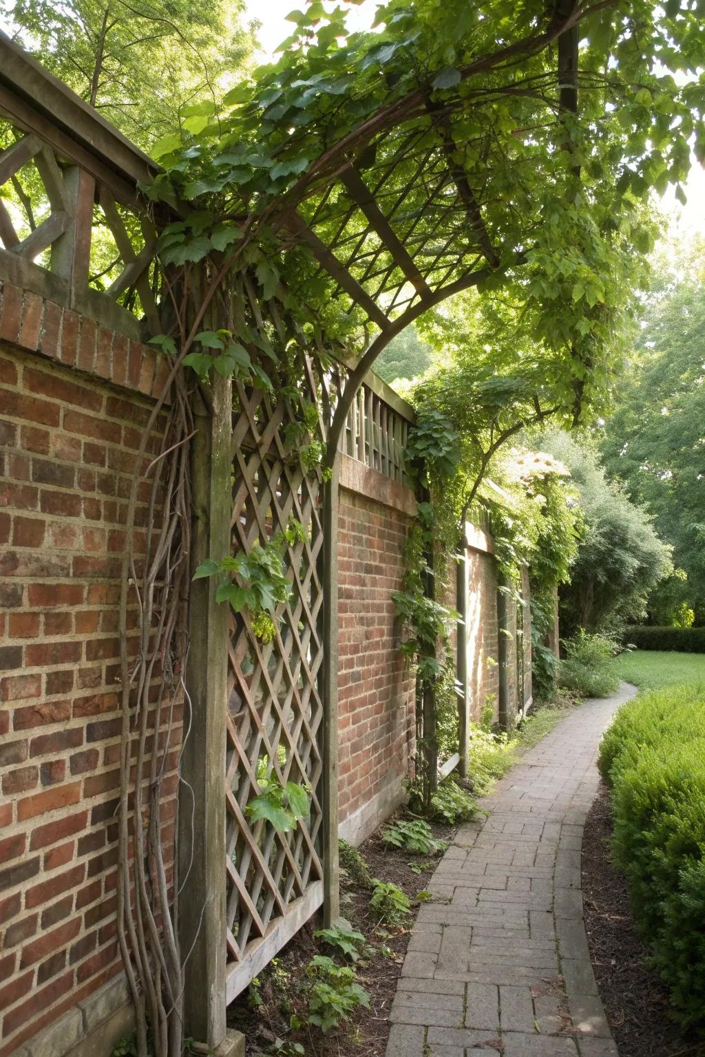 A trellis enhances a brick wall with climbing plants.