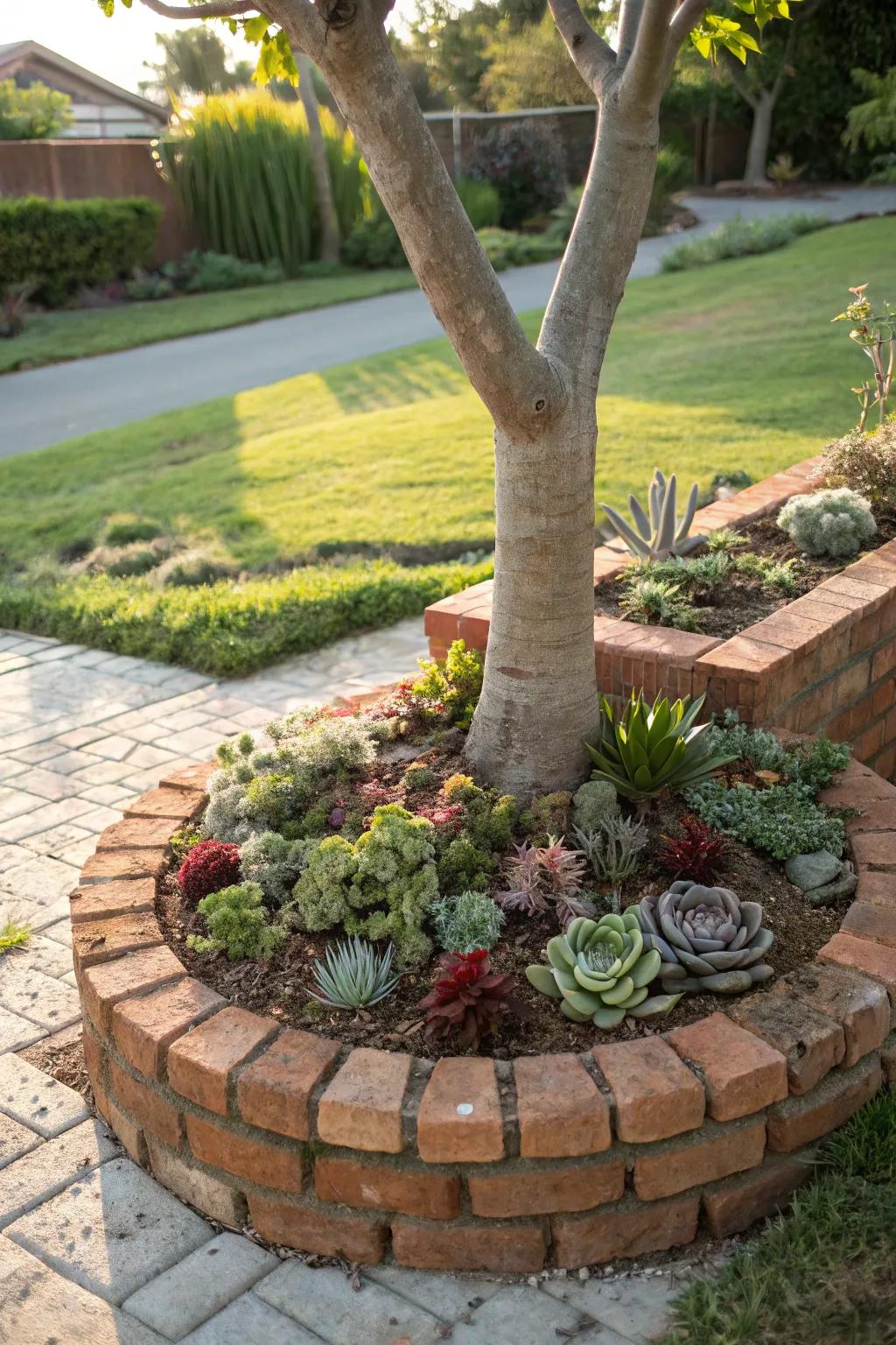 A succulent garden within bricks offers a stunning and low-maintenance solution.