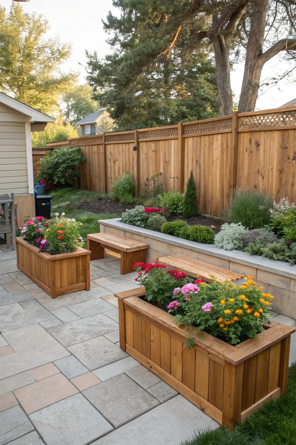 Built-in planter benches offer seating and greenery in one.