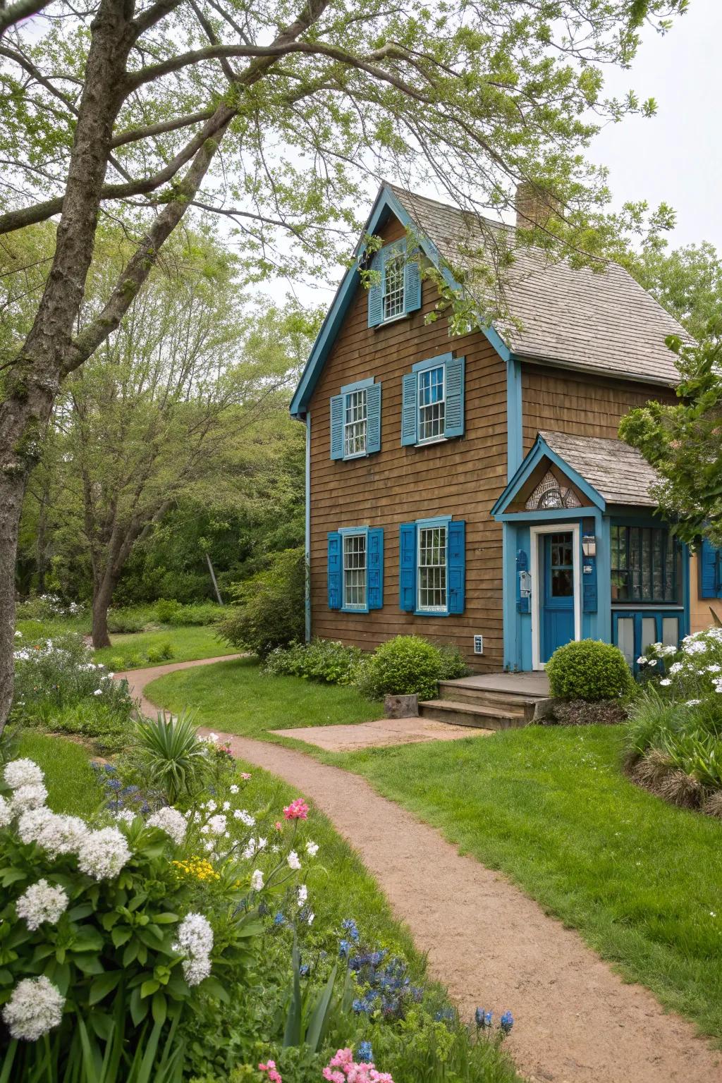 Blue accents create a serene and balanced exterior with brown siding.