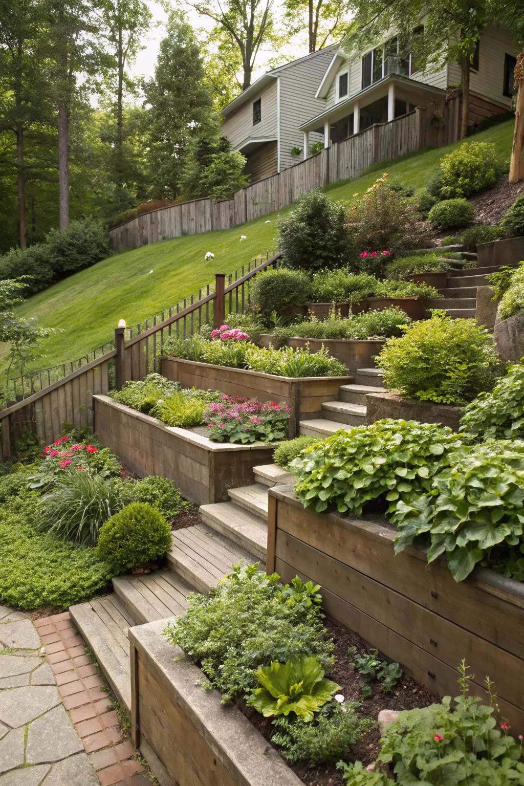 Terracing adds depth and creativity to sloped yards.