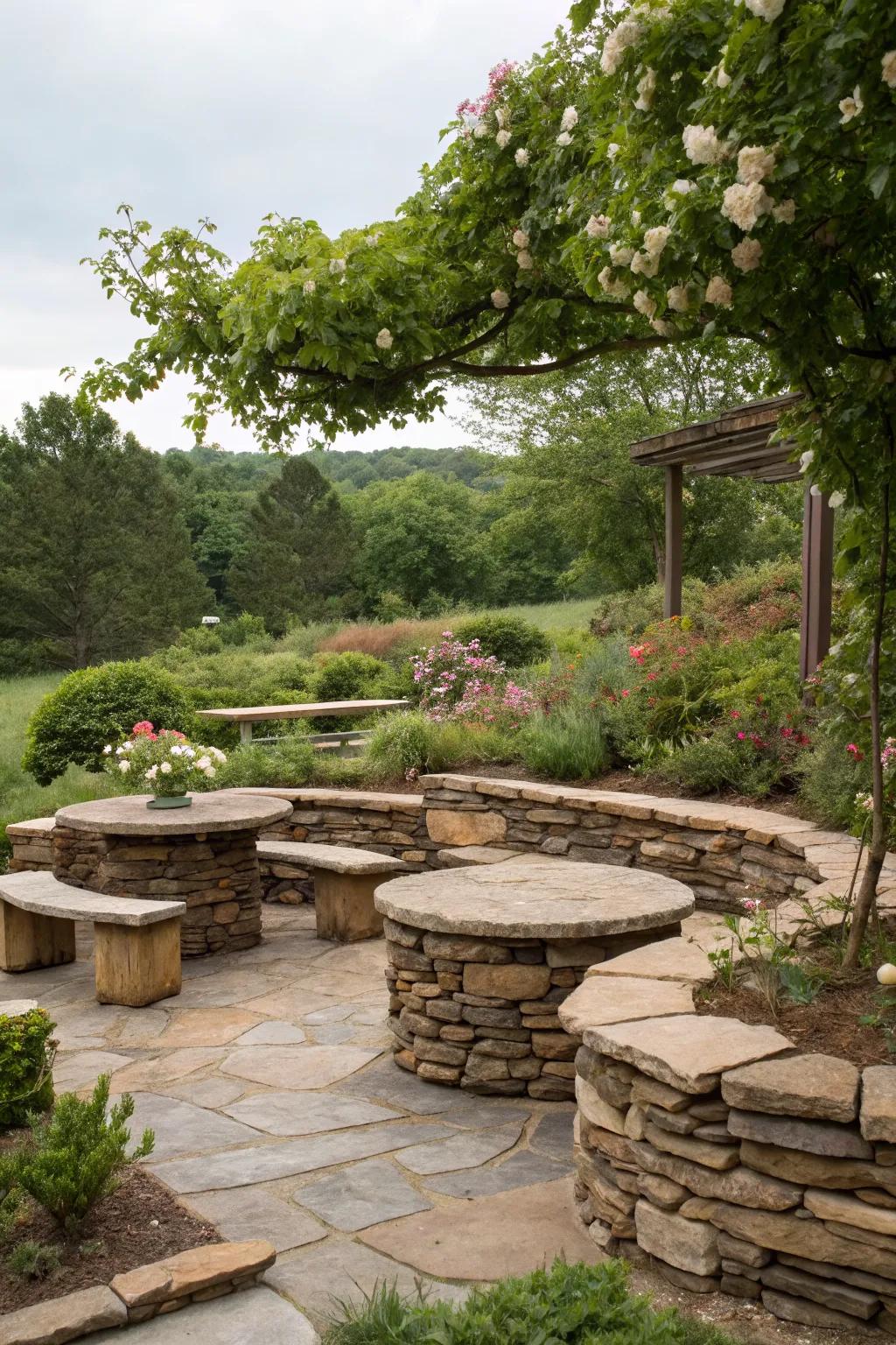 Stacked stone seating adds a rustic charm to gardens.