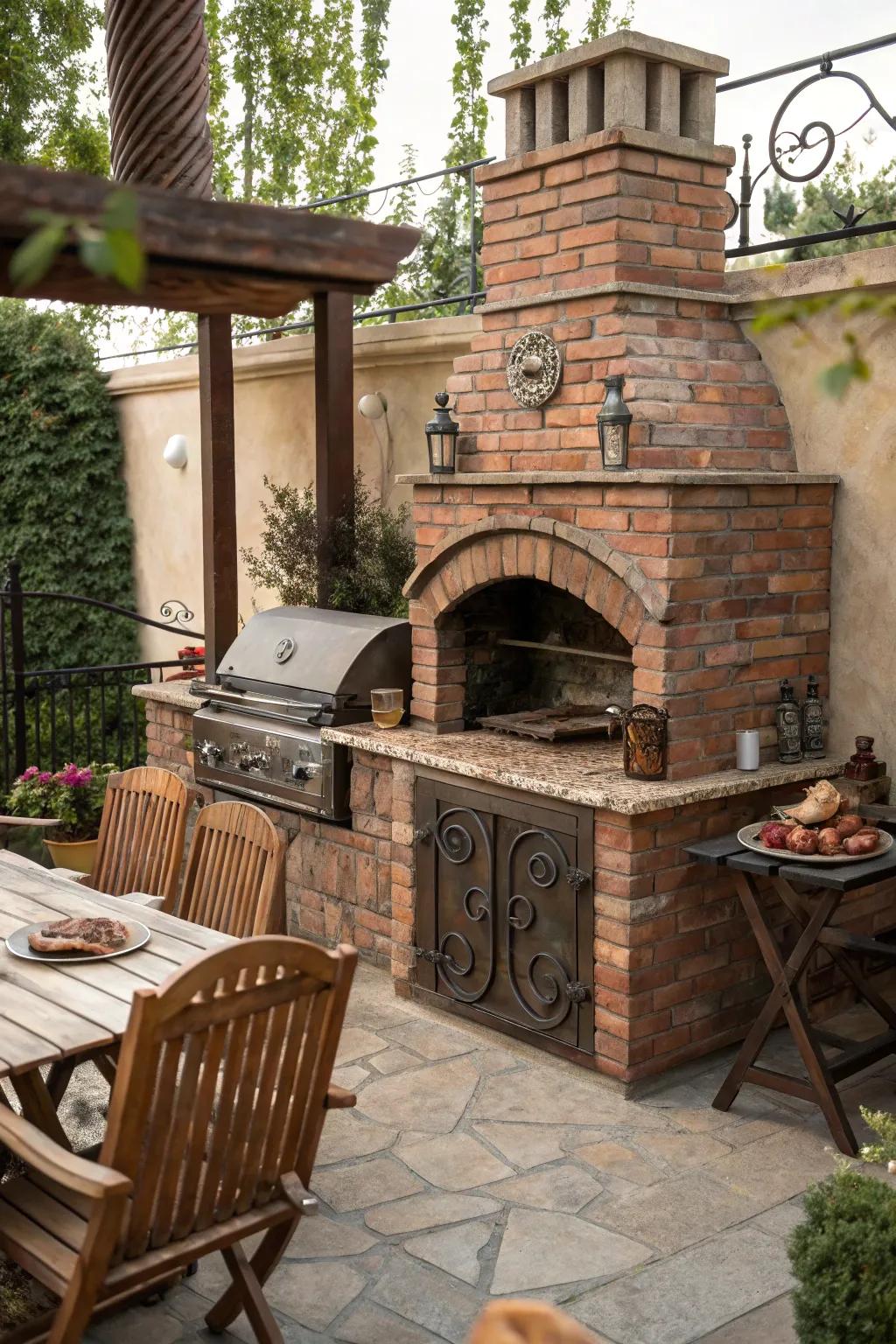 Brick and iron details bring a timeless, vintage feel to your grill area.