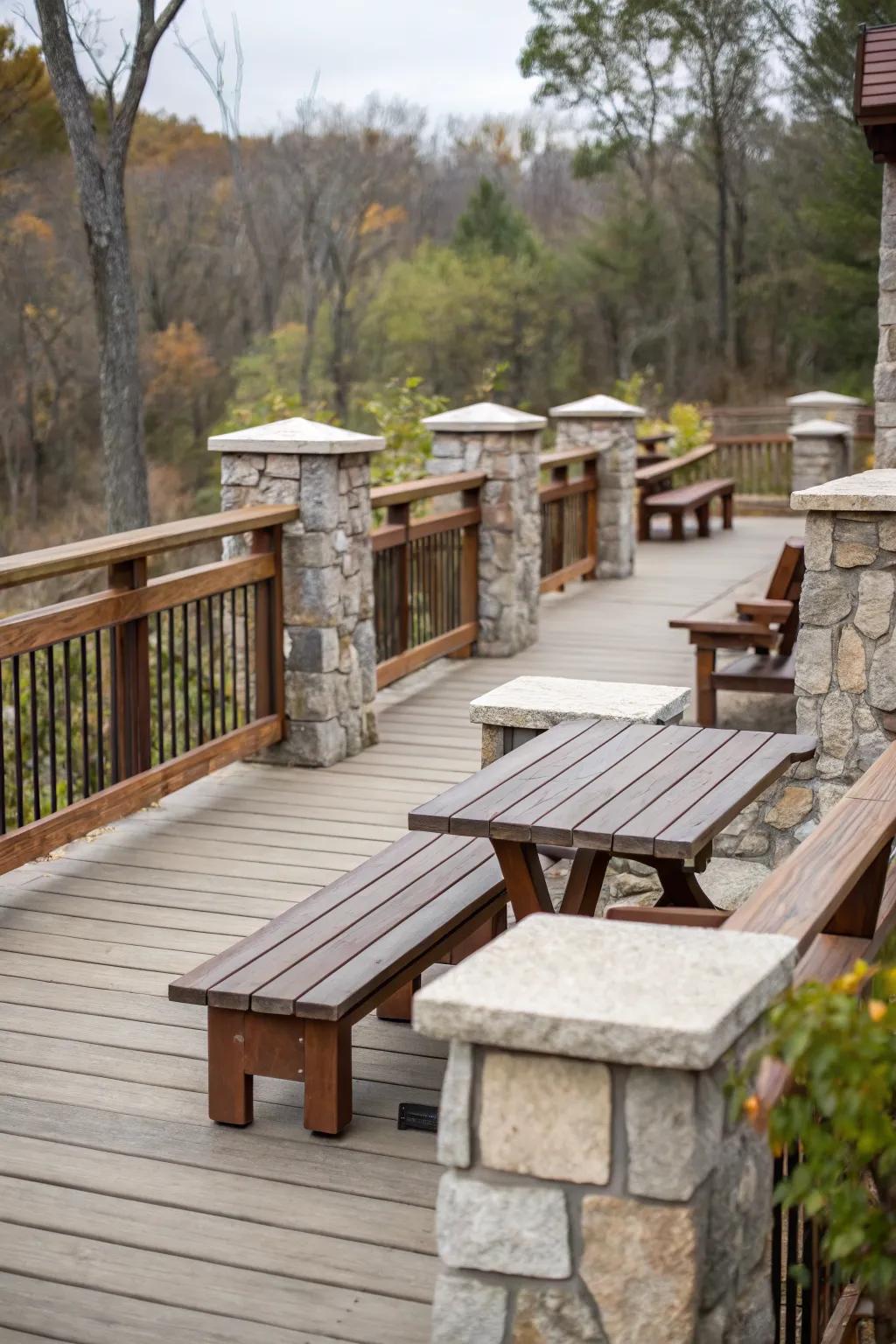 Stone and wood pair beautifully for a rustic deck seating design.