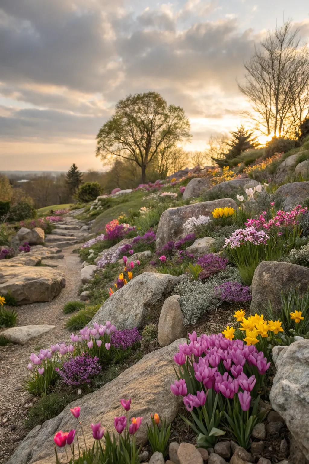 Bulbs add unexpected color to a serene rock garden.