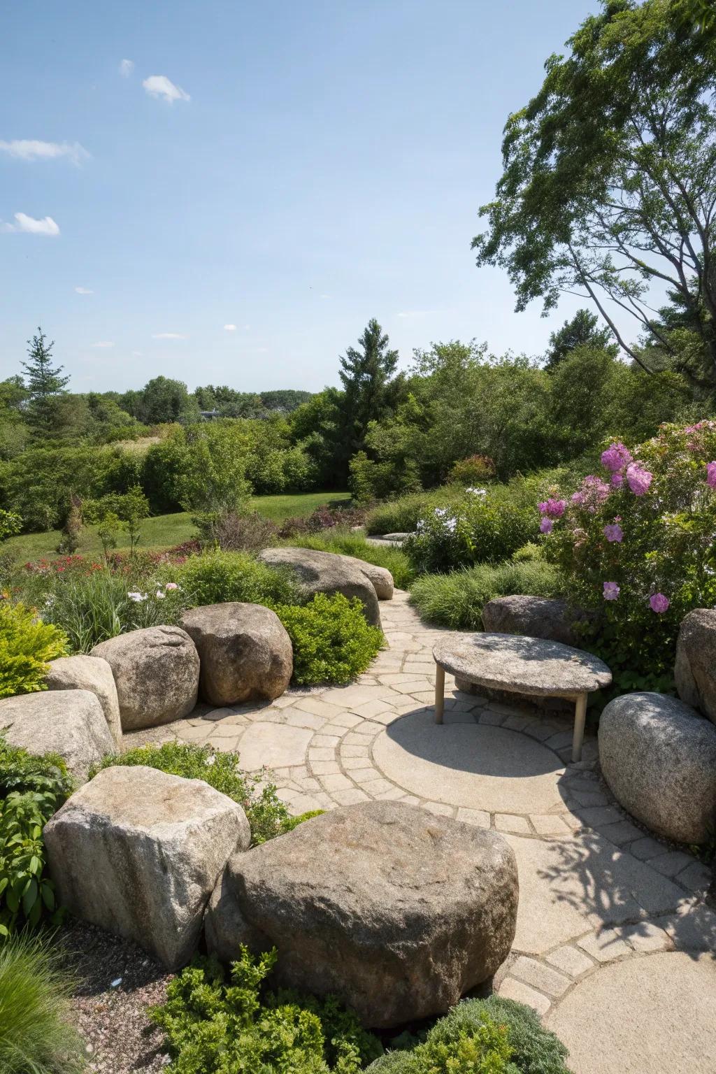 A rustic seating area crafted from bull rocks, ideal for outdoor relaxation.