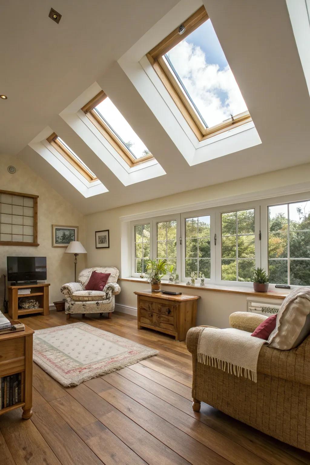 Skylights flooding a bungalow with natural light.