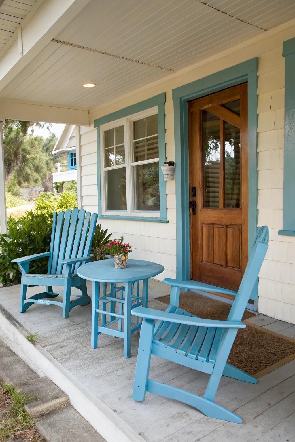 Painted furniture adds a vibrant pop of color to the porch.