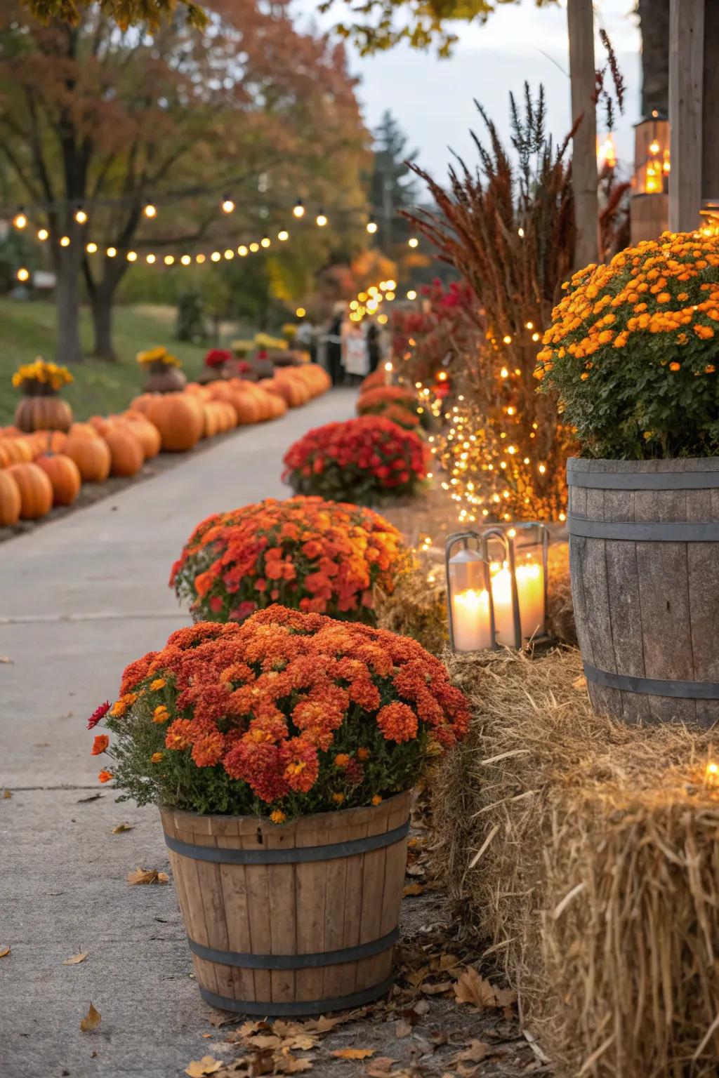 Seasonal container gardens featuring burning bushes for year-round interest.