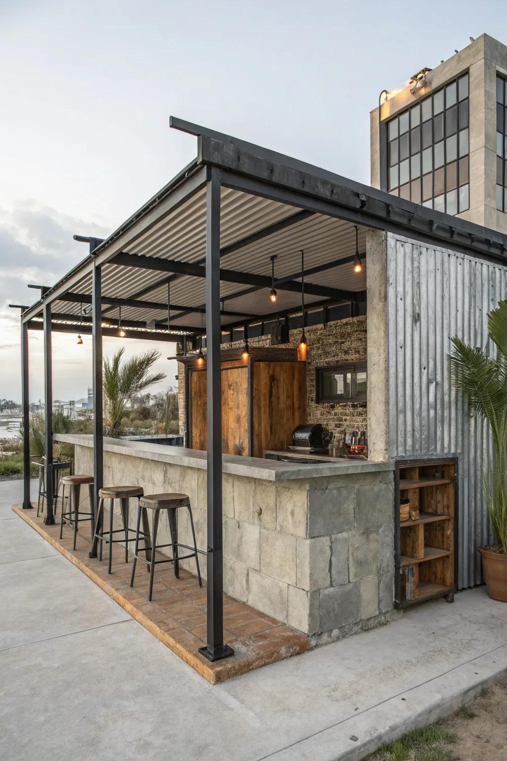 An industrial-style cabana featuring metal accents and concrete elements for a chic edge.