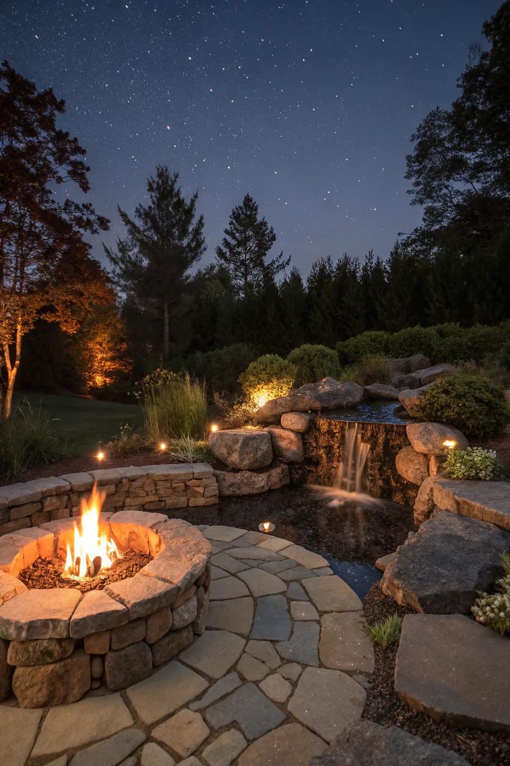 A harmonious fire and water setup providing tranquility and beauty.