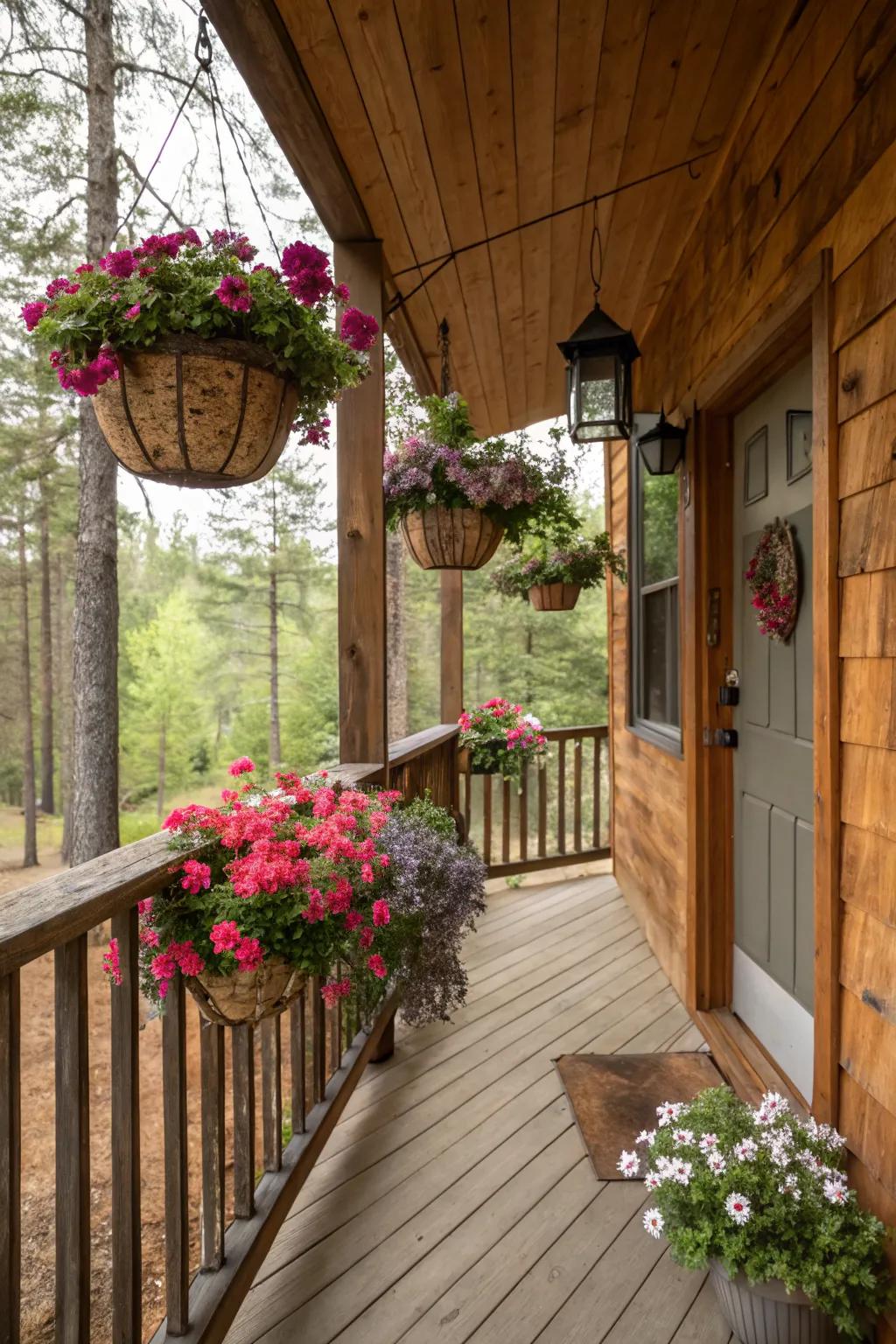 Hanging baskets add color and fragrance.
