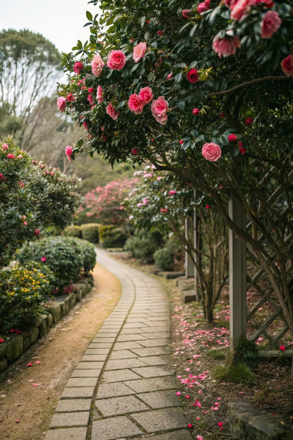 Camellia-lined pathways invite garden exploration.