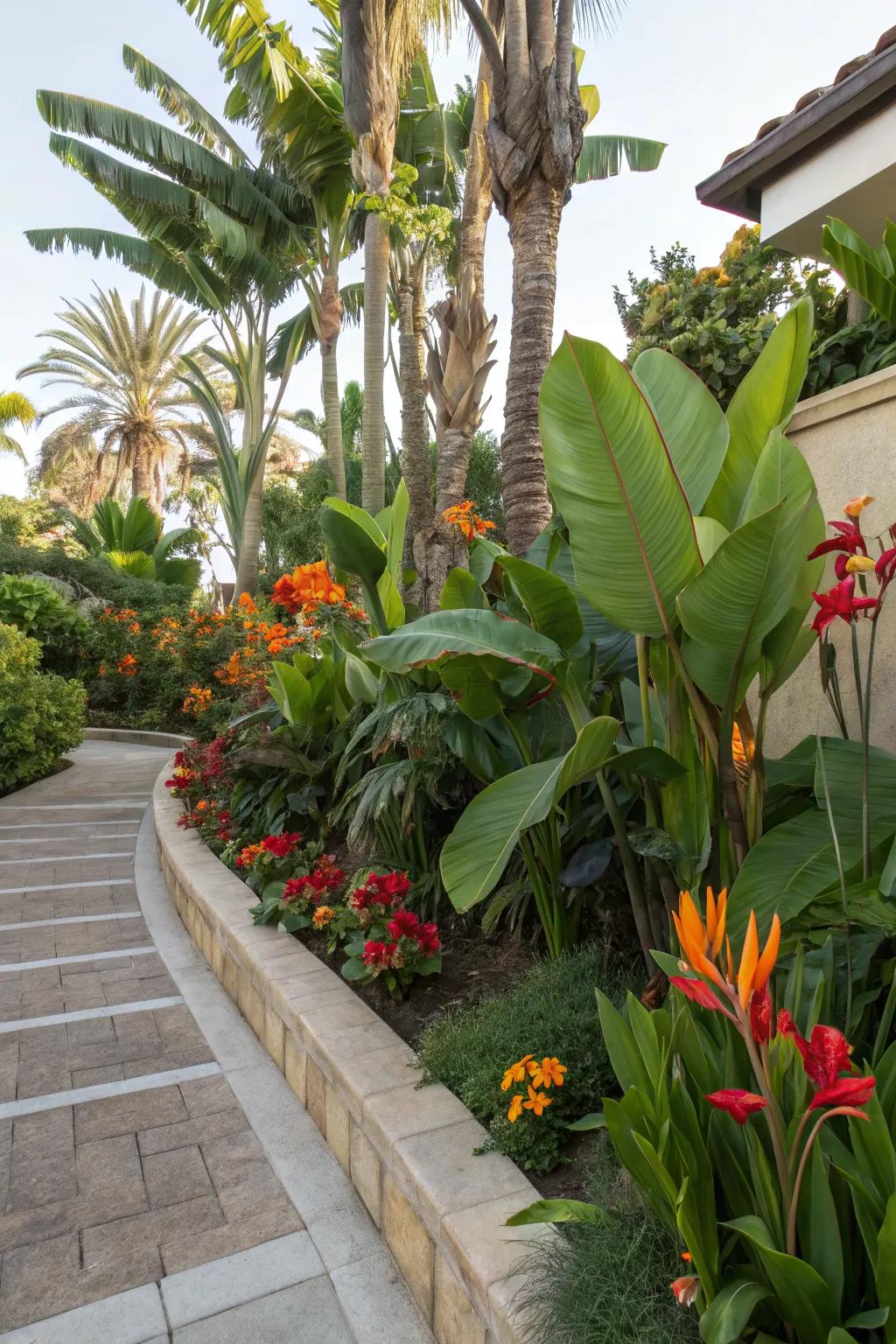Canna lilies combined with exotic plants create a lush tropical oasis.