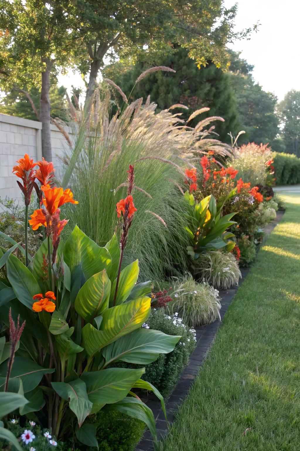 Canna lilies and grasses create a dynamic textural contrast.