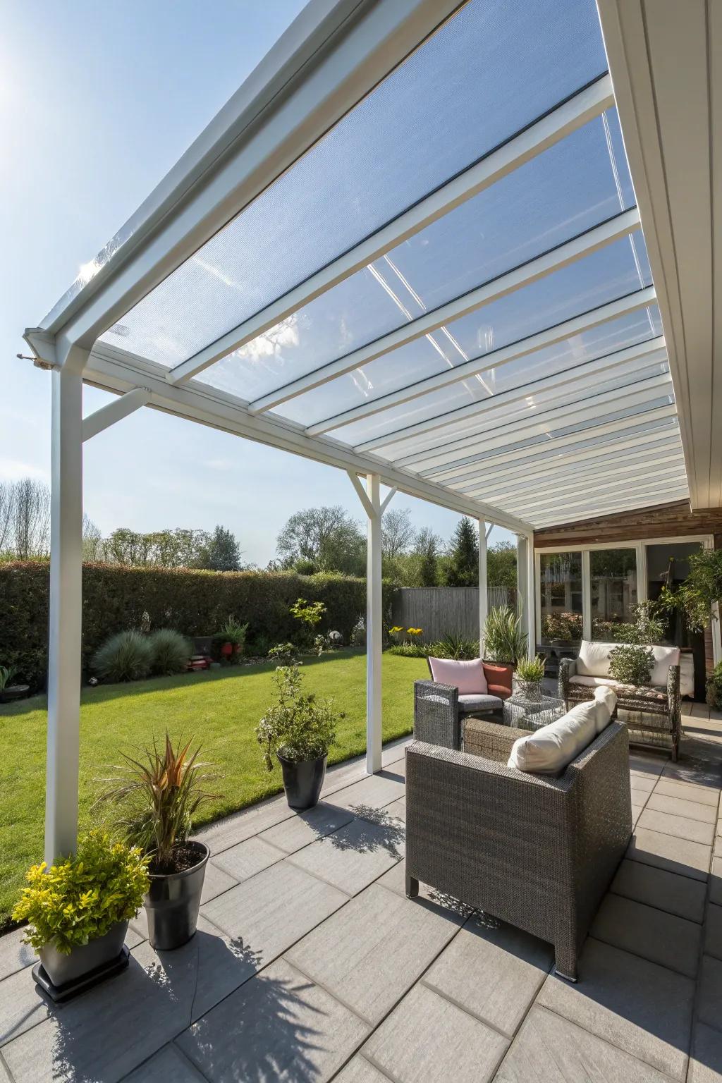 Clear polycarbonate panels offer a modern solution for sunny days.