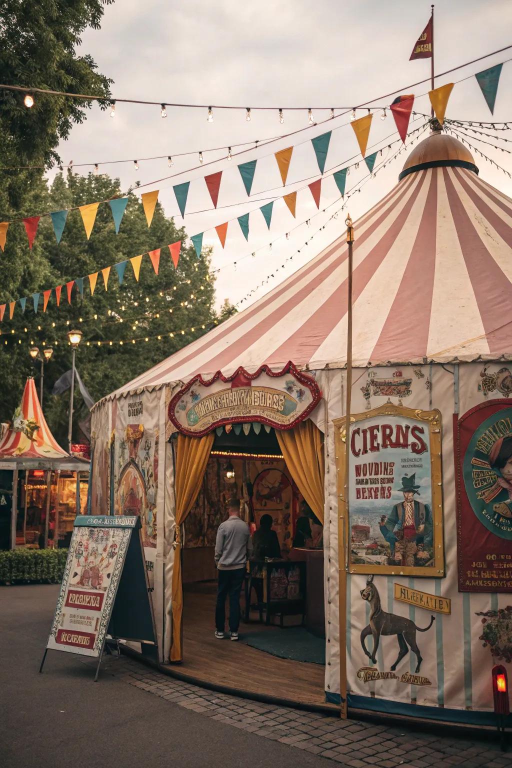 A vintage circus canopy tent for a whimsical and fun atmosphere.