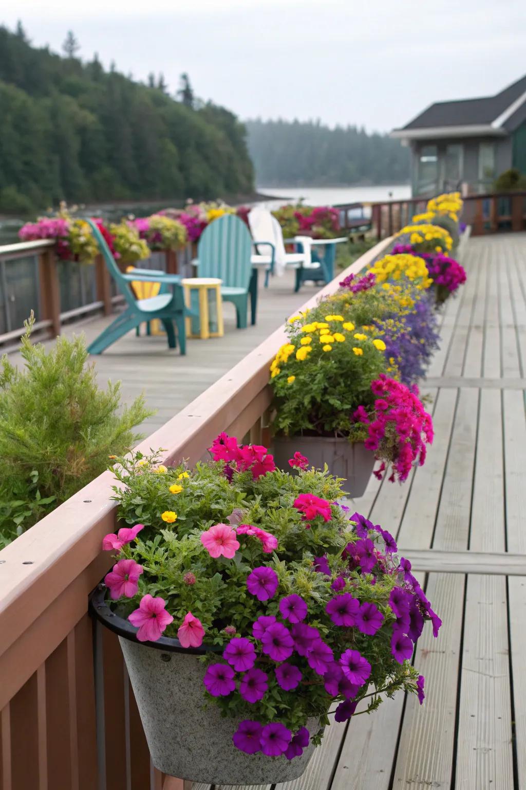 Decorative planters add color and life to this deck